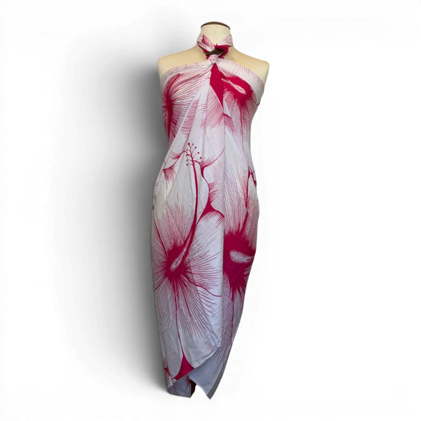 Sarong / pareo - Beachwear wrap skirt - Red White Hibiscus Breeze