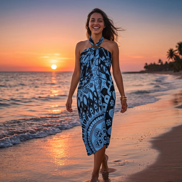 Sarong / pareo - Beachwear wrap skirt - Black / blue Mandala