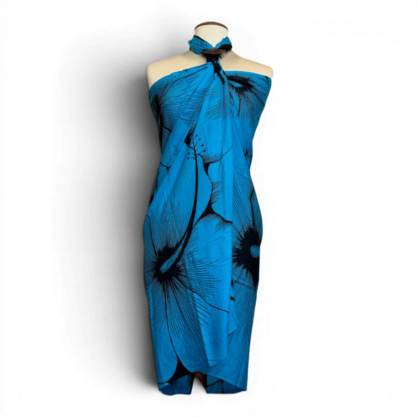 Sarong / pareo - Beachwear wrap skirt - Blue Black Hibiscus Breeze