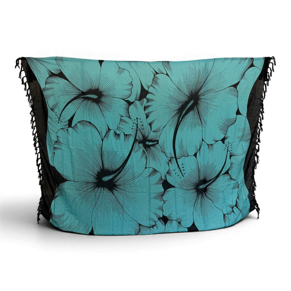 Sarong / pareo - Beachwear wrap skirt - Turquoise Black Hibiscus Breeze