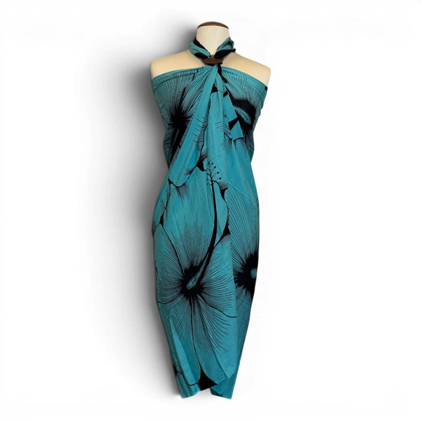 Sarong / pareo - Beachwear wrap skirt - Turquoise Black Hibiscus Breeze
