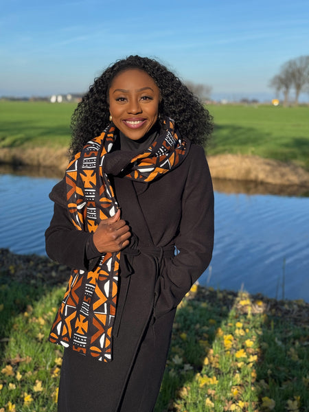 African print Winter scarf Unisex - Slim model - Brown Cross Bogolan