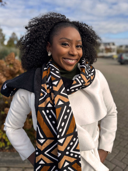 African print Winter scarf Unisex - Slim model - Brown & Beige Bogolan