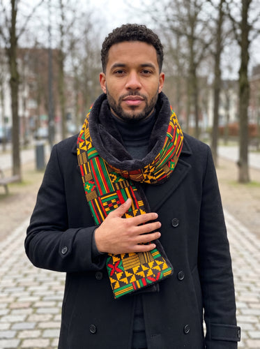 African print Winter scarf Unisex - Slim model - Black Green Kente Print