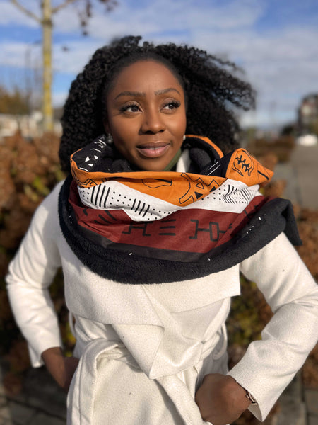 African print Winter scarf Unisex - Slim model - Brown Bogolan Symbols