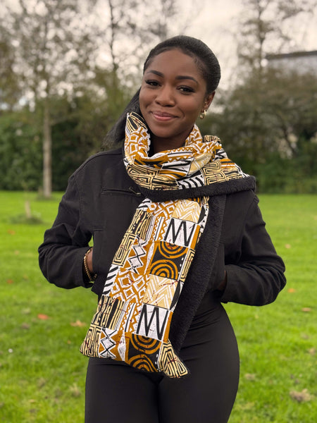 African print Winter scarf Unisex - Slim model - Sand Bogolan Mosaic