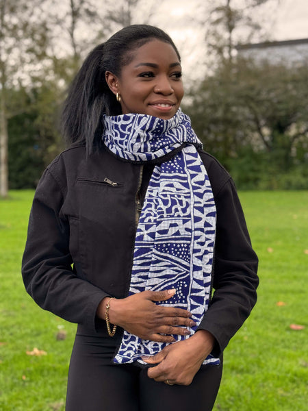 African print Winter scarf Unisex - Slim model - Blue Ndop Cameroon