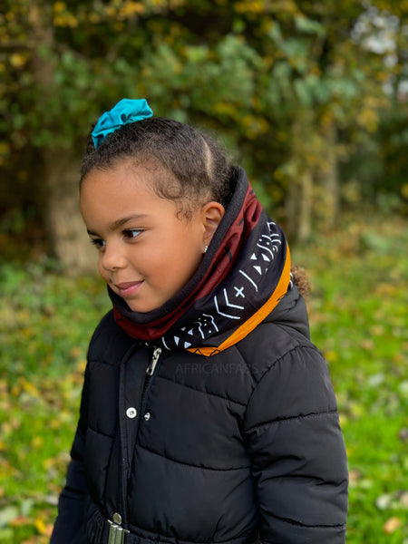 African print Turtleneck Winter scarf for Kids Unisex - Dark Brown / Yellow Bogolan Symbols