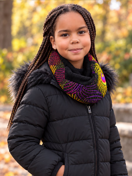 African print Turtleneck Winter scarf for Kids Unisex - Purple Yellow Royal Peacock