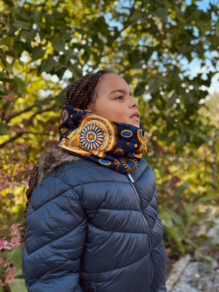 African print Turtleneck Winter scarf for Kids Unisex - Navy Blue Yellow Paisley