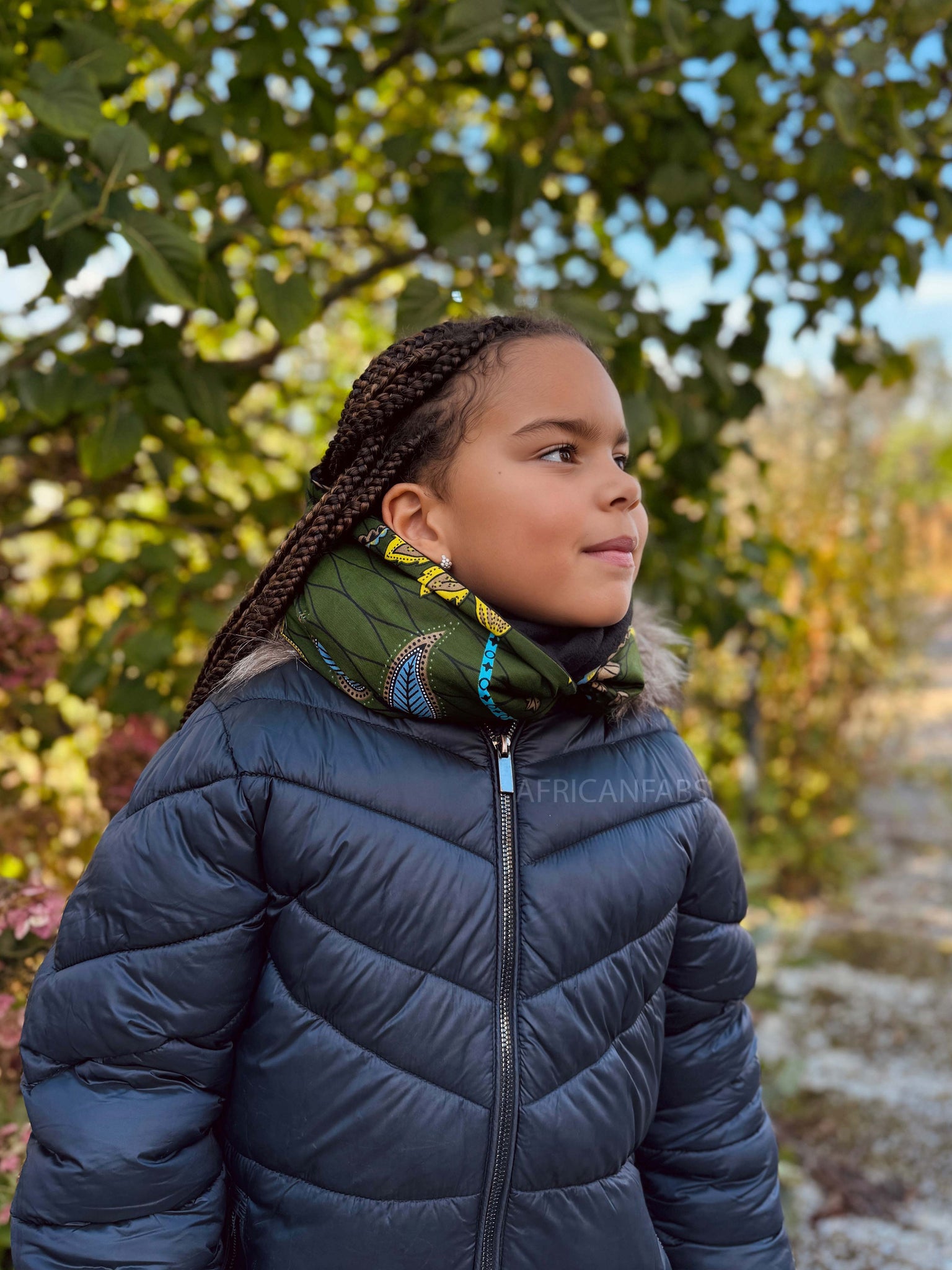 African print Turtleneck Winter scarf for Kids Unisex - Dark Green & Yellow Botanical Flow