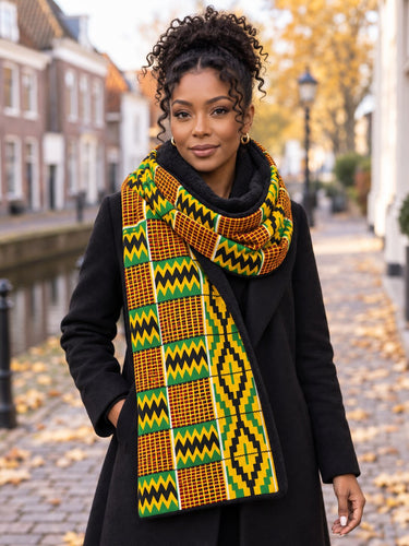African print Winter scarf for Adults Unisex - Green Kente Print Zigzag Pattern