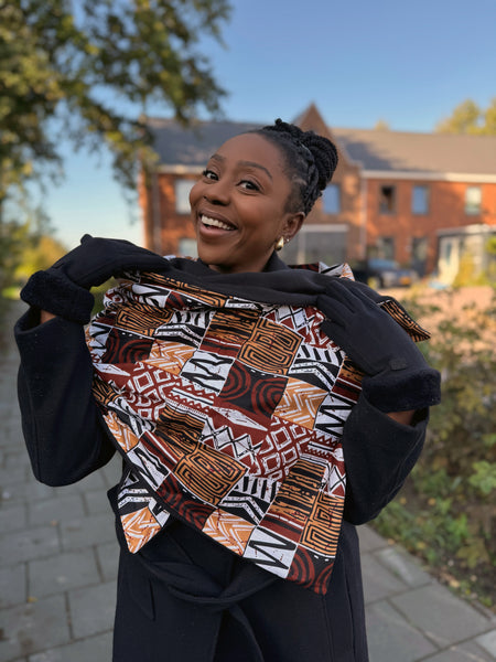 African print Winter scarf for Adults Unisex - Brown Bogolan Mosaic