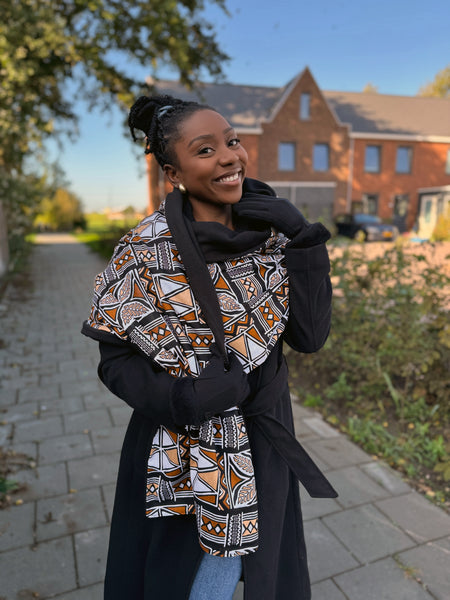 African print Winter scarf for Adults Unisex - Brown Bogolan Symbols