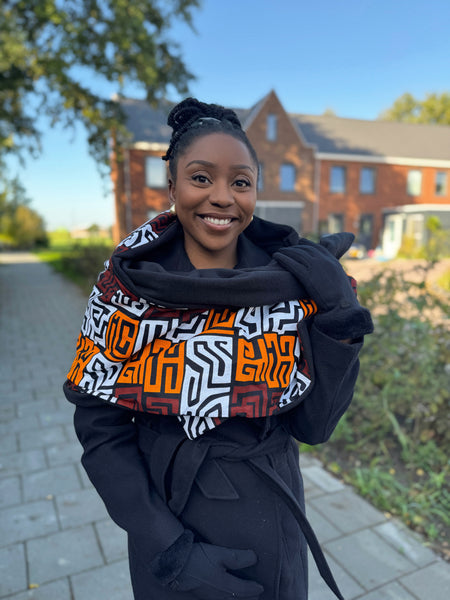 African print Winter scarf for Adults Unisex - Brown & Yellow-Orange Kuba Blocks