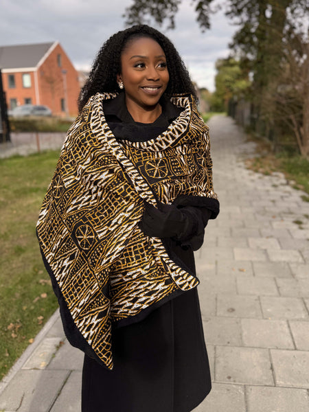 African print Winter scarf for Adults Unisex - Black Yellow Ndop Cameroon