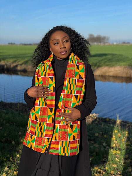 African print Winter scarf Unisex - Slim model - Yellow Green Kente