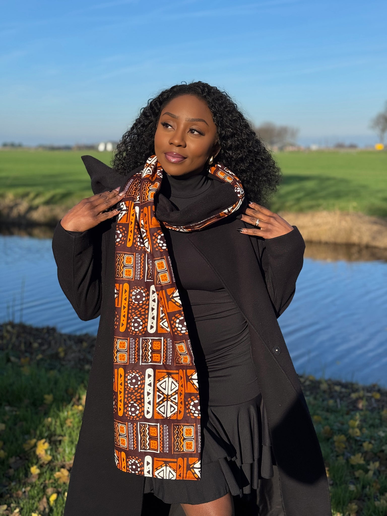 African print Winter scarf Unisex - Slim model - Brown Patterns Bogolan