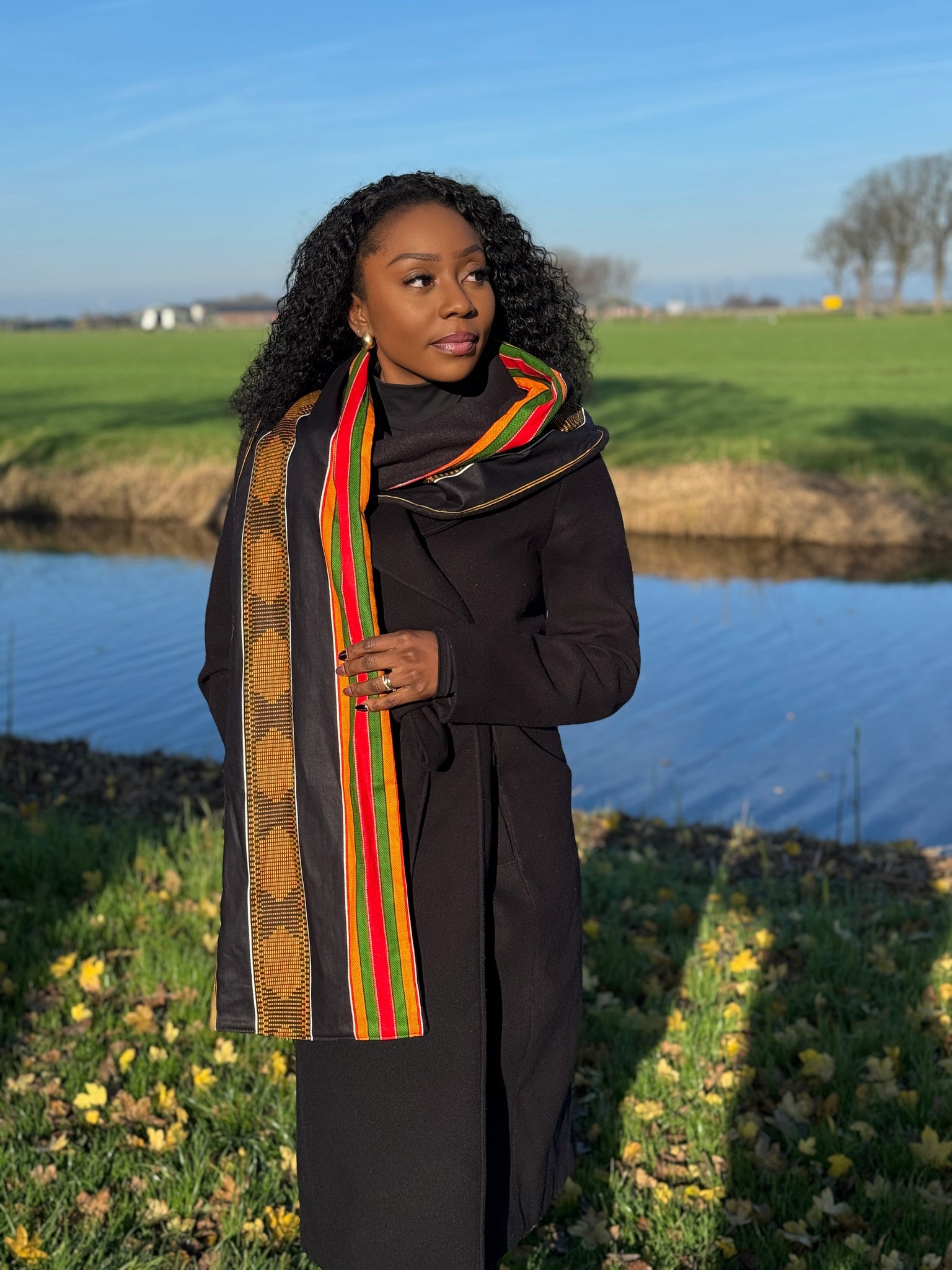 African print Winter scarf Unisex - Slim model - Black Pan African Kente