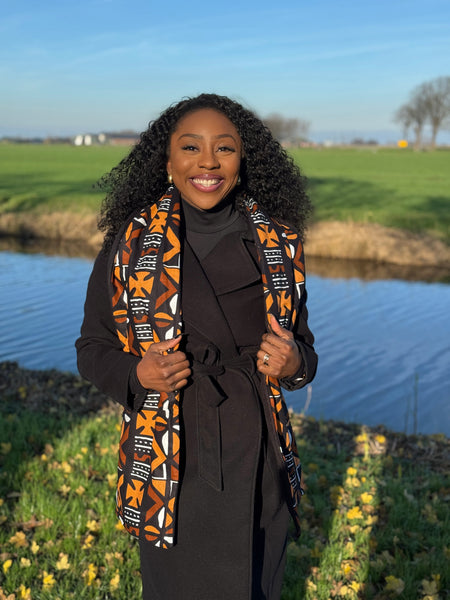 African print Winter scarf Unisex - Slim model - Brown Cross Bogolan