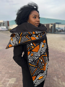 African print Winter scarf for Adults Unisex - Black / orange bogolan