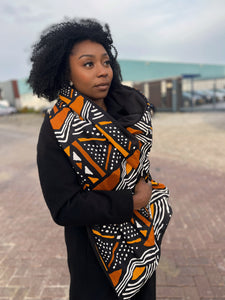African print Winter scarf for Adults Unisex - Brown Orange Bogolan