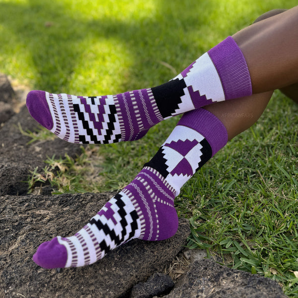 African socks / Afro socks / Kente socks - White Purple