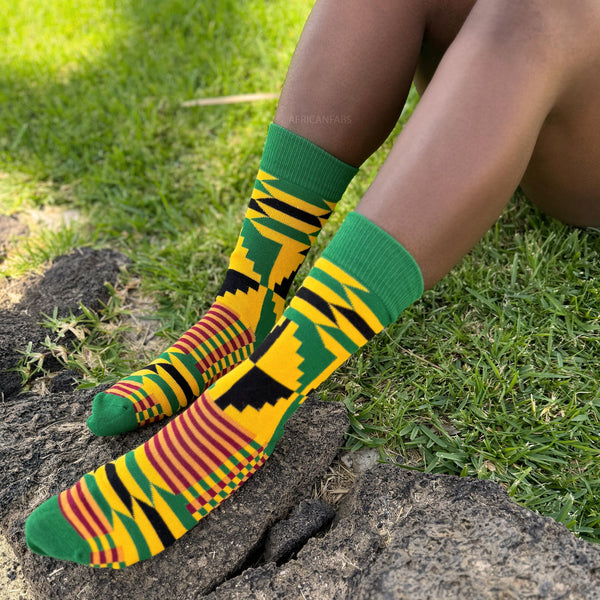 African socks / Afro socks / Set of 3 pairs - Green Kente KOFI