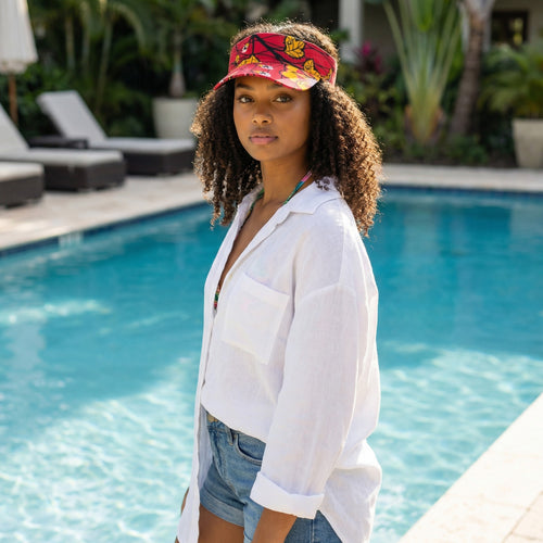 African print Sun visor cap - Dark Red Botanical Flow