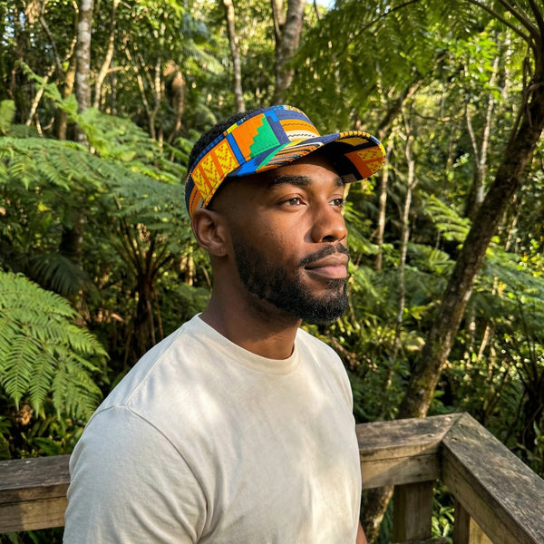 African print Sun visor cap - Blue / Orange kente