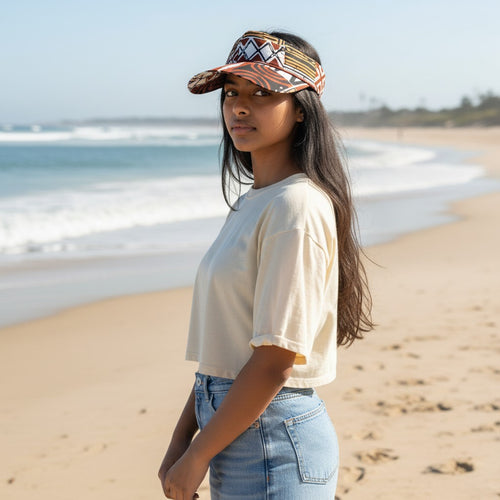 African print Sun visor cap - Brown Bogolan Mosaic