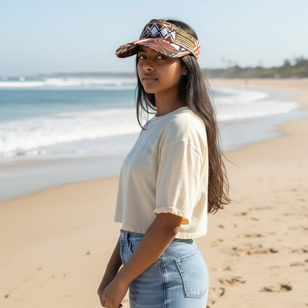 African print Sun visor cap - Brown Bogolan Mosaic