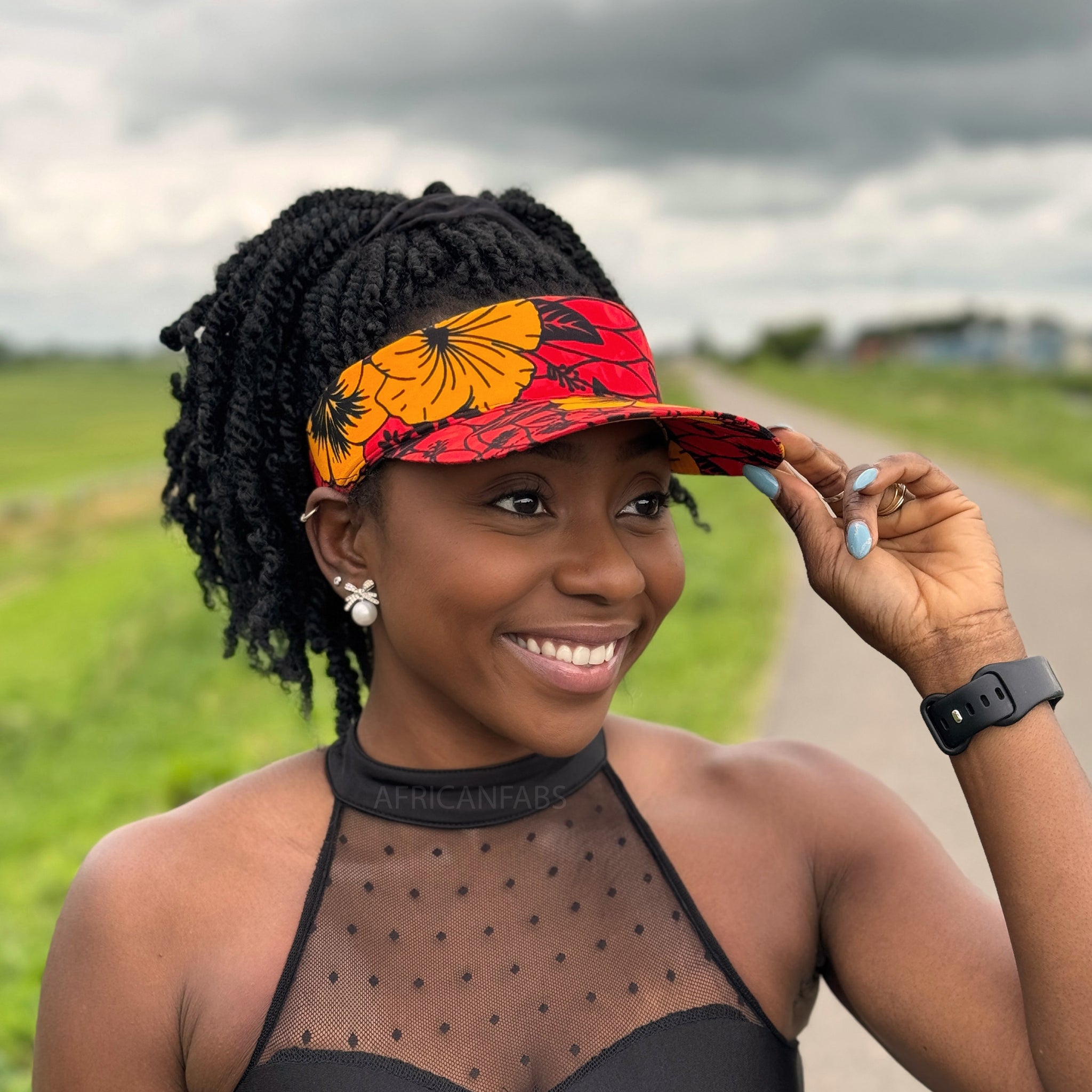 African print Sun visor cap - Red / yellow Flowers