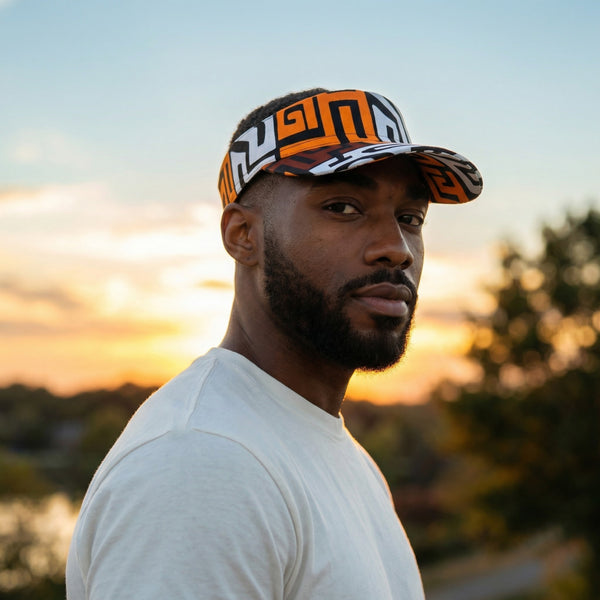 African print Sun visor cap - Brown & Yellow-Orange Kuba Blocks Congo