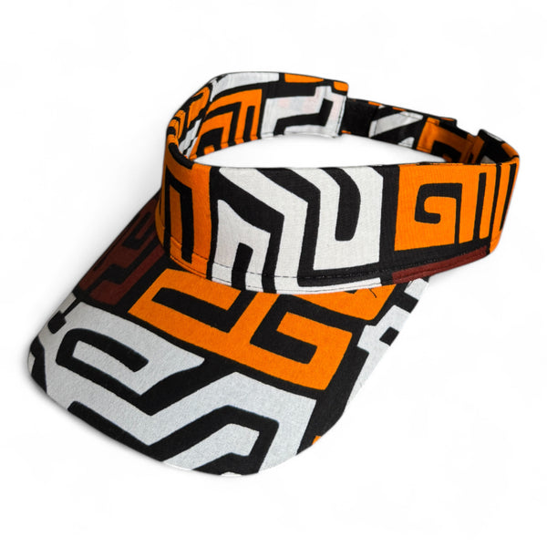 African print Sun visor cap - Brown & Yellow-Orange Kuba Blocks Congo