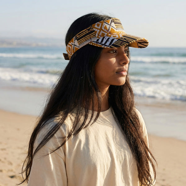 African print Sun visor cap - Sand Bogolan Mosaic