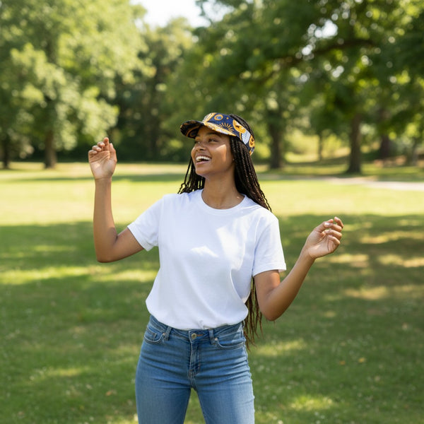 African print Sun visor cap - Navy blue Yellow Paisley