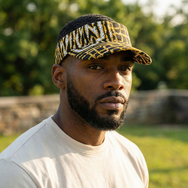 African print Sun visor cap - Black Yellow Ndop Cameroon