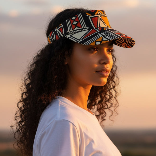 African print Sun visor cap - Red & Orange Bogolan Symbols