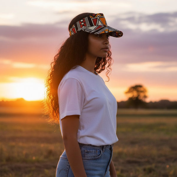 African print Sun visor cap - Red & Orange Bogolan Symbols