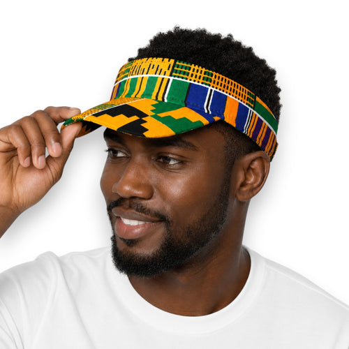 African print Sun visor cap - Yellow Blue Kente Blocks