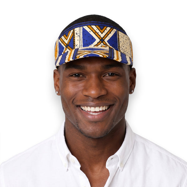 African print Sun visor cap - Blue Mustard Bogolan Heritage