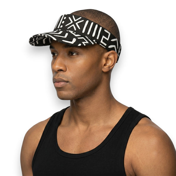 African print Sun visor cap - Black White Bogolan Symbols