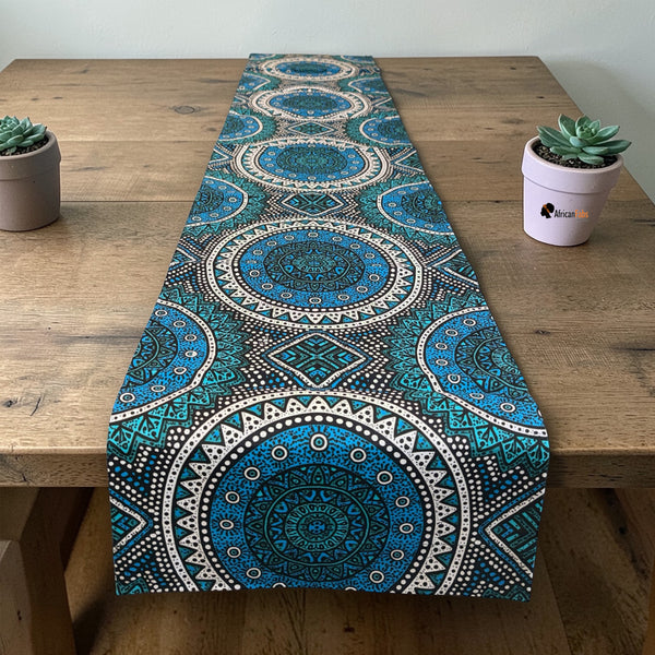 African print table runner - Table cloth - Blue and Teal Sacred Circle