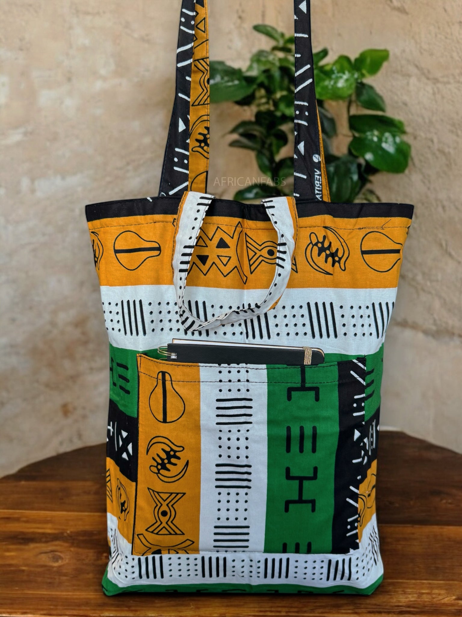 Shopper bag with African print - Green symbols bogolan - Reusable Cotton Tote Bag