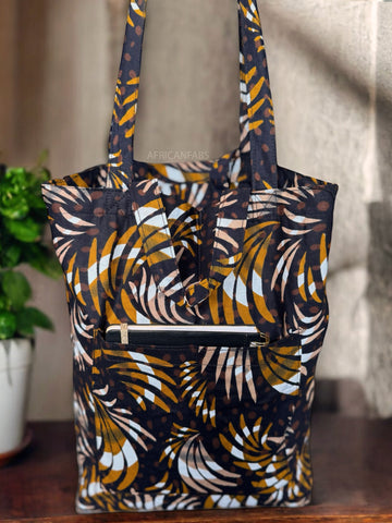 Shopper bag with African print - Mix Brown Feathers - Reusable Cotton Tote Bag