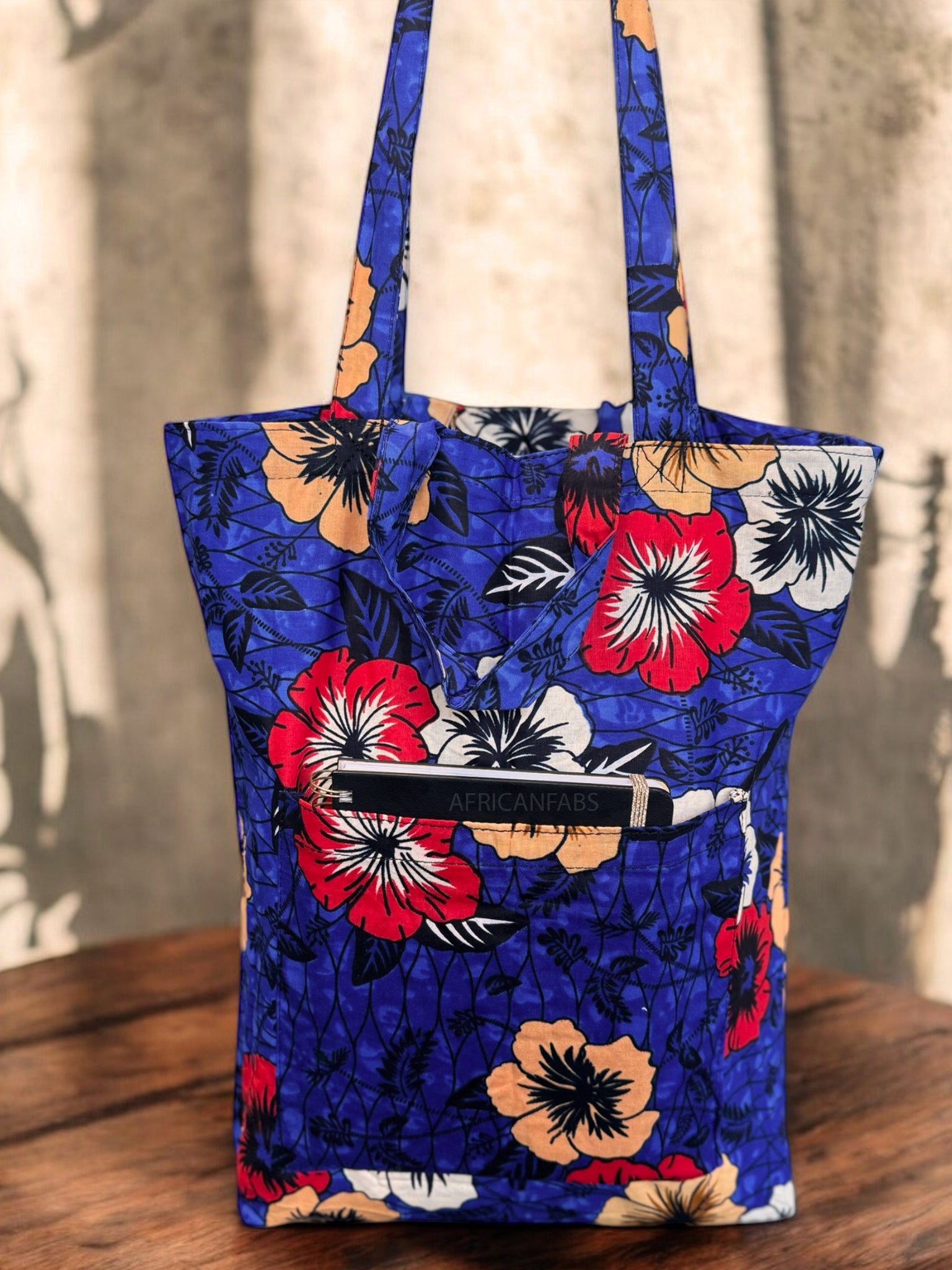 Shopper bag with African print - Blue Flowers - Reusable Cotton Tote Bag