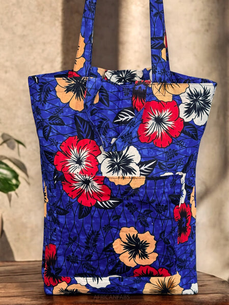 Shopper bag with African print - Blue Flowers - Reusable Cotton Tote Bag