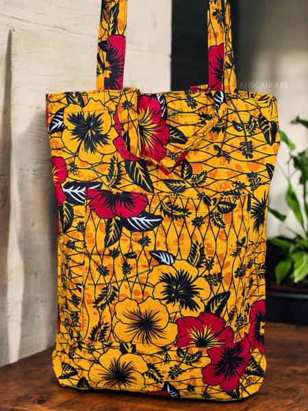 Shopper bag with African print - Yellow Flowers - Reusable Cotton Tote Bag