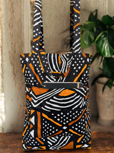 Shopper bag with African print - Black Orange Bogolan - Reusable Cotton Tote Bag